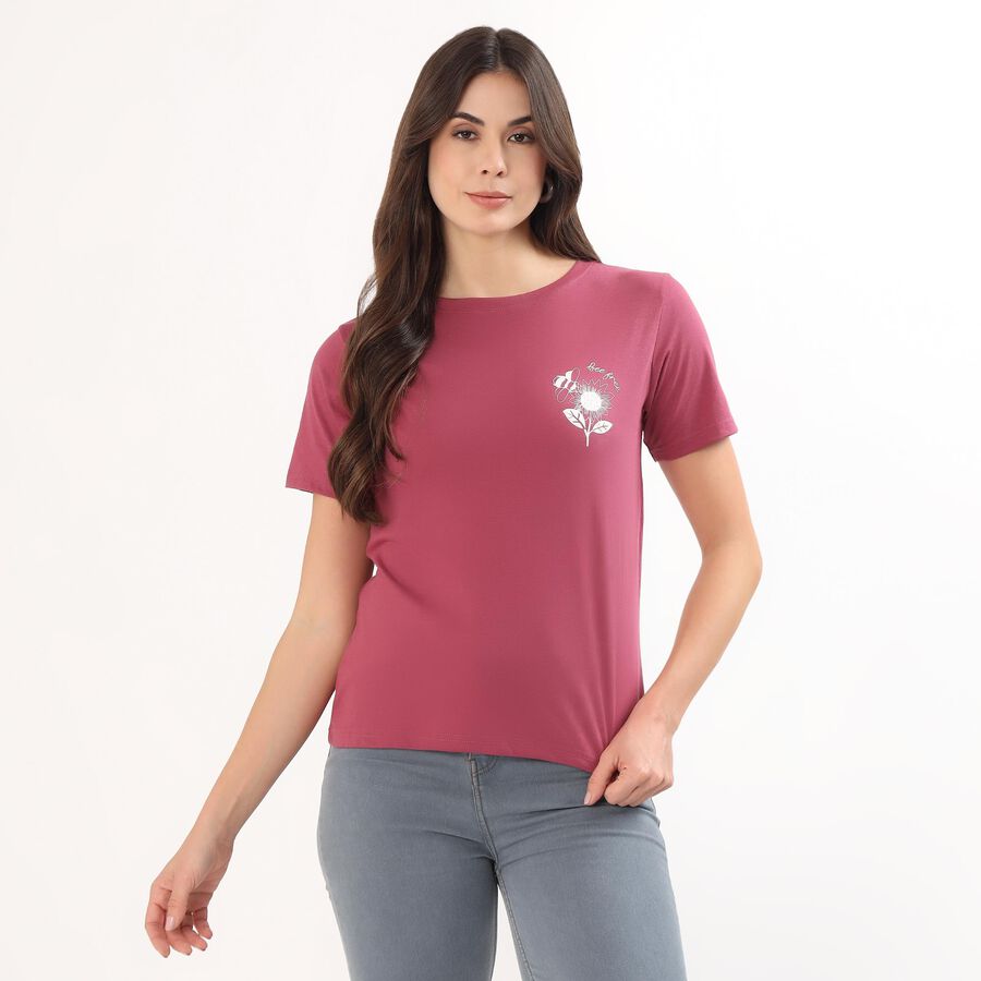 Women's Bright Purple Round Neck Casual T-Shirt, बैंगनी, large