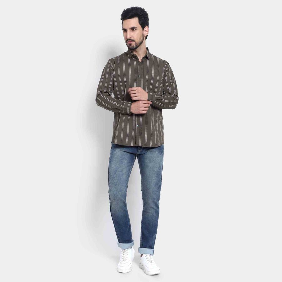 Cotton Stripes Casual Shirt, Dark Green, large image number null