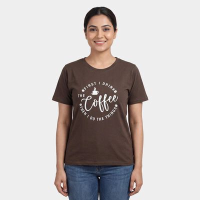 Women's Brown Round Neck Casual T-Shirt
