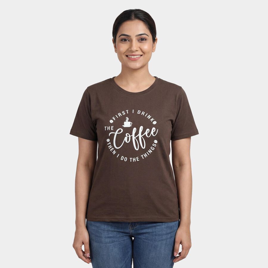 Women's Brown Round Neck Casual T-Shirt, Brown, large