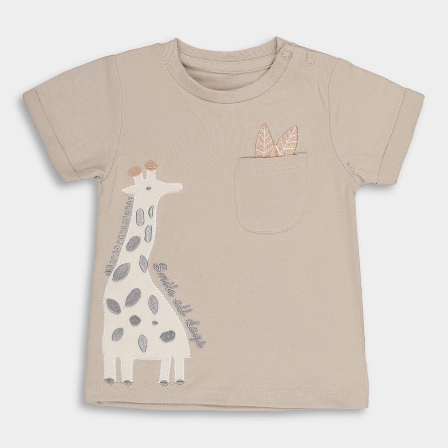 Infants' Beige Cotton Round Neck Animal Print Baba Suit, Beige, large