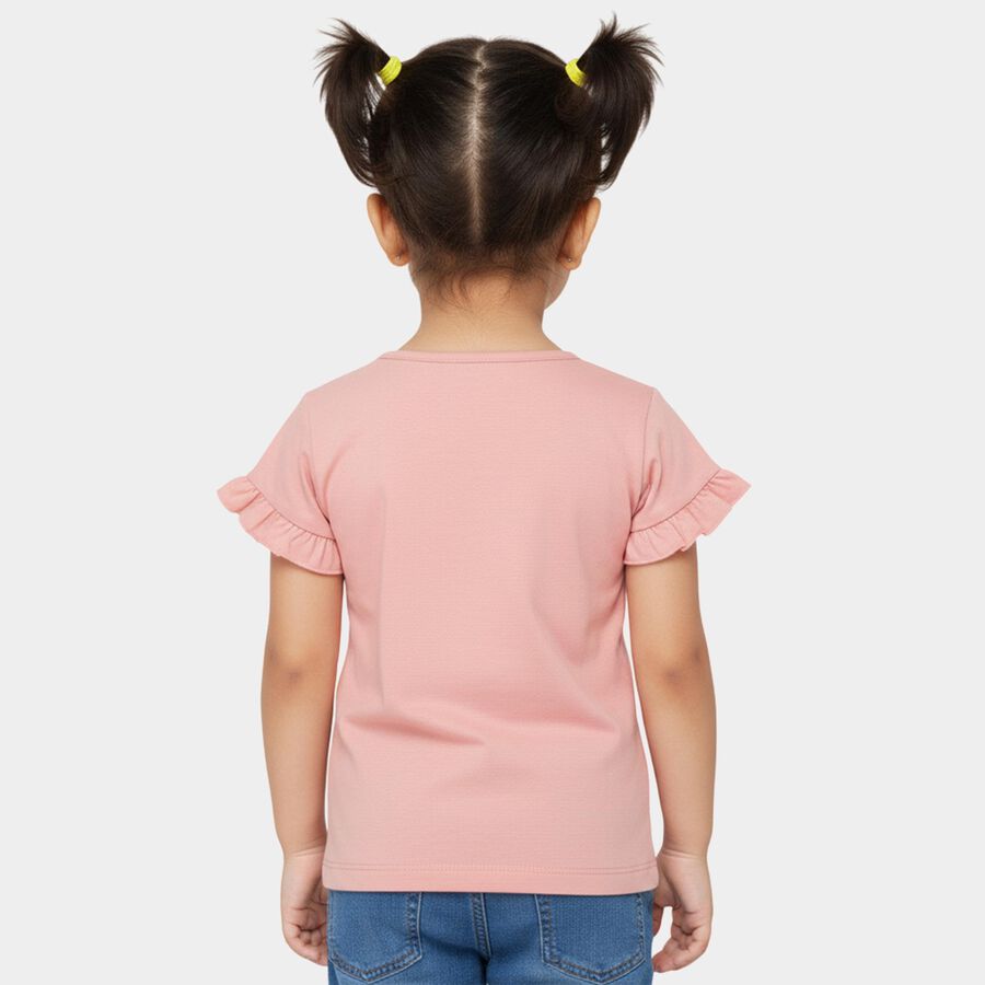 Girls' Pink Cotton Round Neck Ruffle Sleeve T-Shirt, हल्का गुलाबी, large
