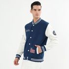 Men's Deep Midnight Navy Blue and Ivory White Striped Collar Varsity Sweatshirt, Mid Blue, small image number null