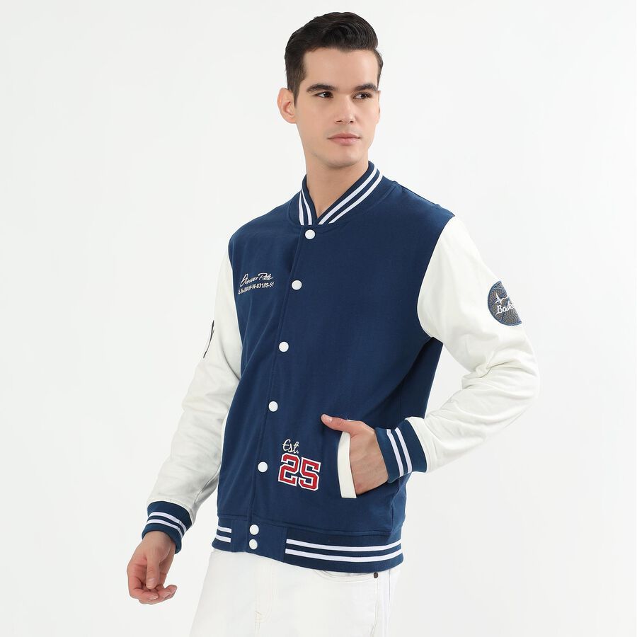 Men's Deep Midnight Navy Blue and Ivory White Striped Collar Varsity Sweatshirt, Mid Blue, large image number null