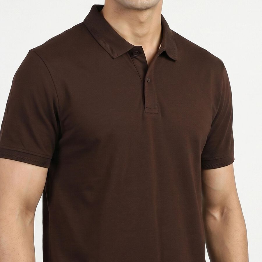 Men's Brown Cotton Polo Neck Preppy T-Shirt, Brown, large