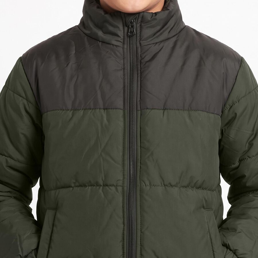 Boys Olive Green Stand Collar Puffer Jacket, Olive, large
