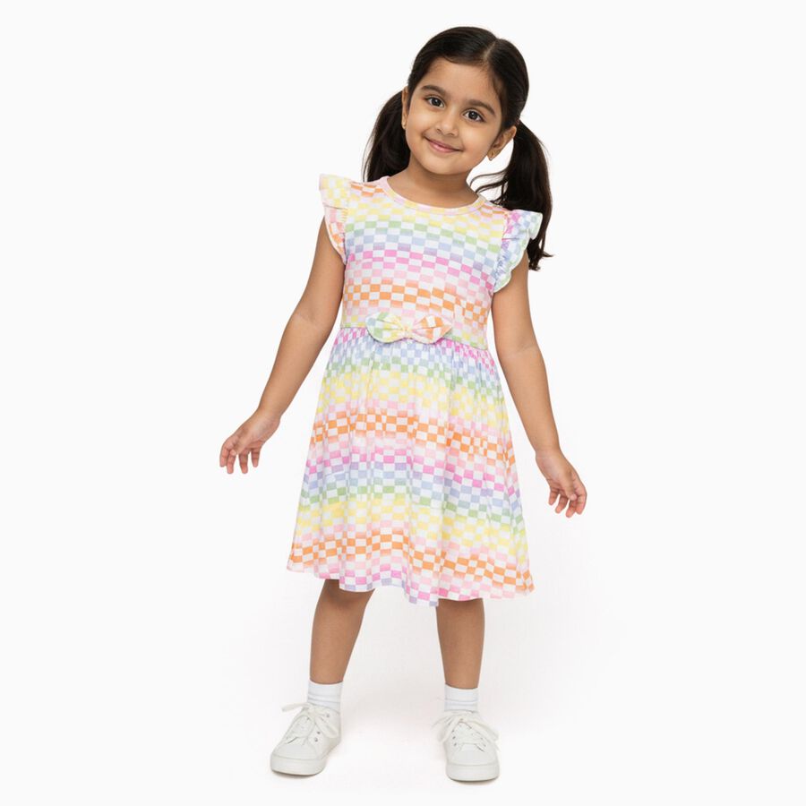 Girls' Multicolor Rainbow Checkered Flutter Sleeve Frock, Off White, large image number null