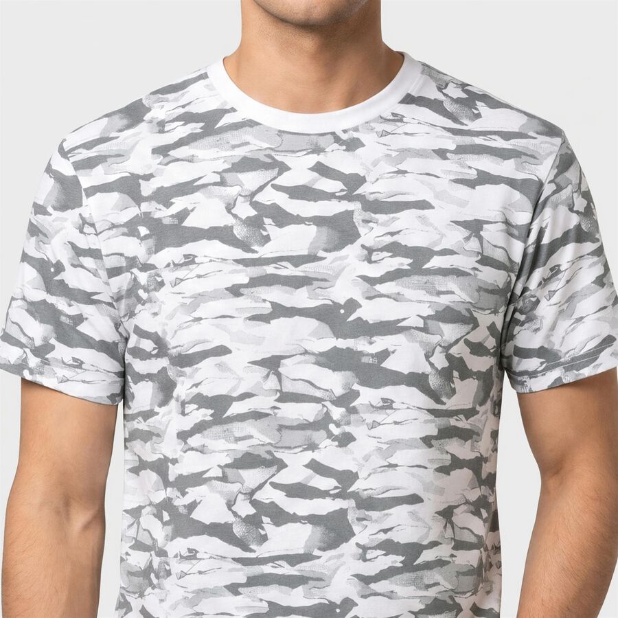 Men's White Cotton Round Neck Abstract Regular T-Shirt, सफ़ेद, large