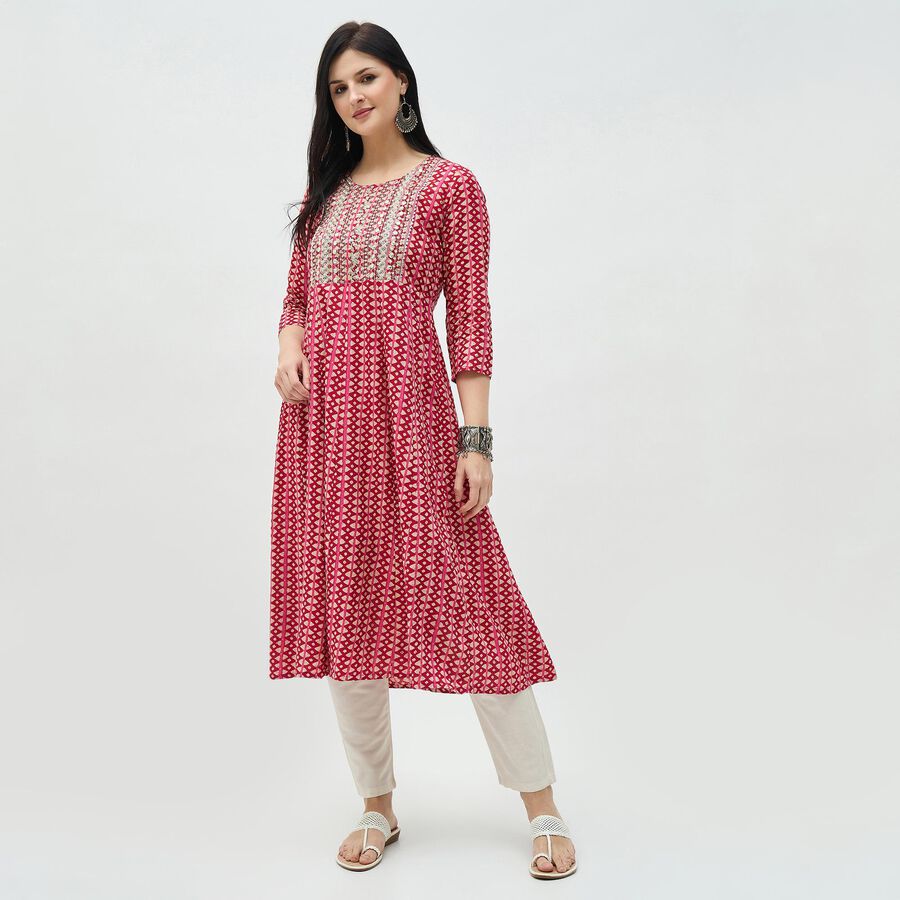 Women's Burgundy Round Neck Embroidered Kurta, Wine, large