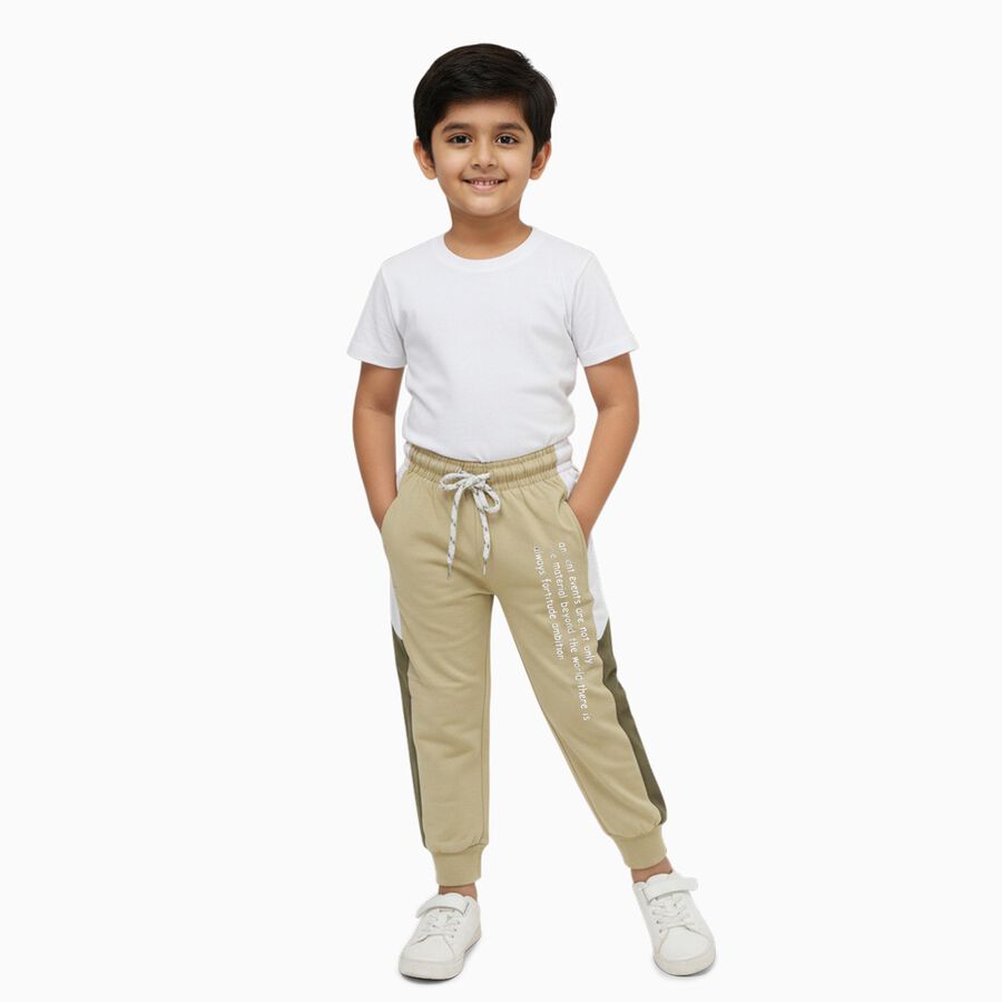 Boys' Beige Cotton Blend Contrast Panel Pyjama, गहरा पीला, large