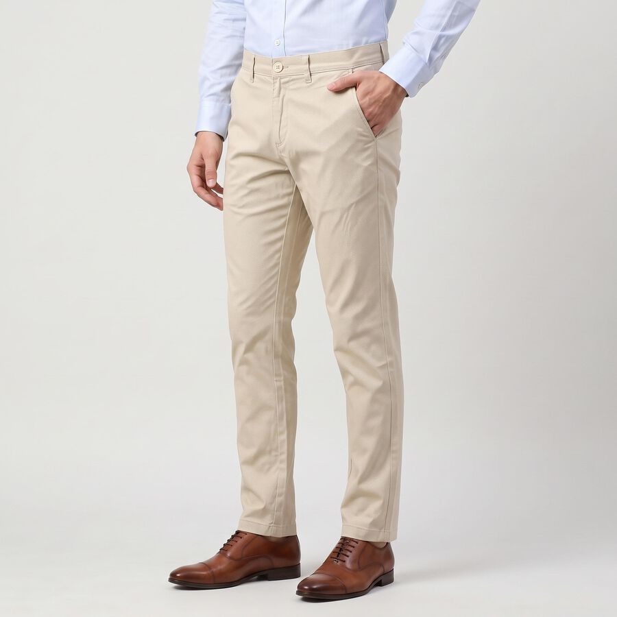 Men's Beige Slim Fit Textured Chino Trousers, गहरा पीला, large