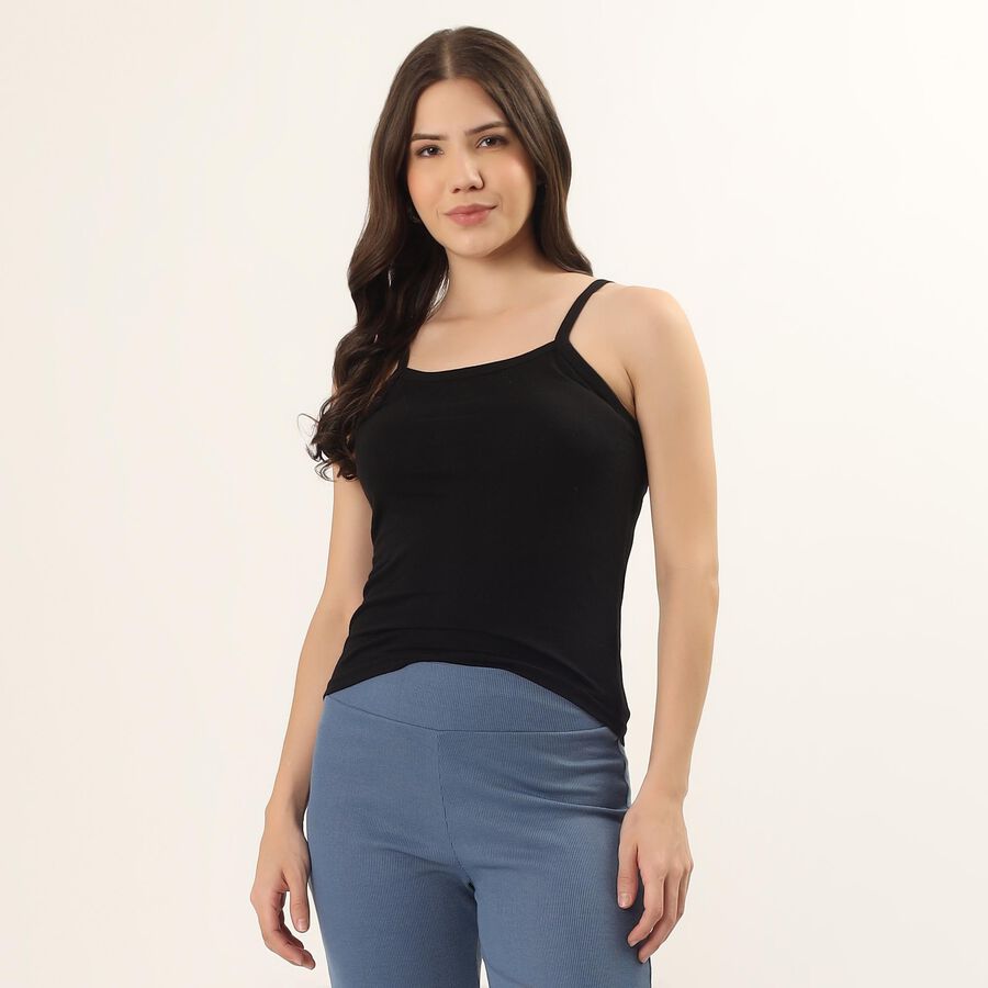 Women's Black Cotton Round Neck Minimalist Slip, काला, large