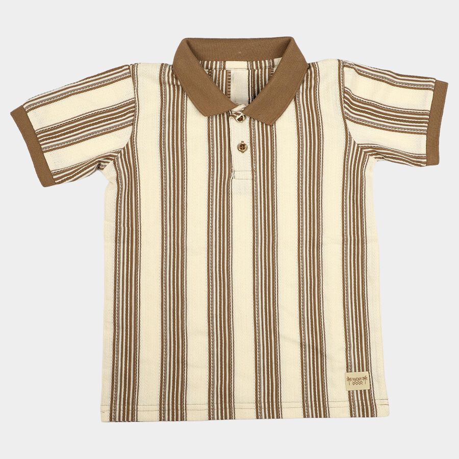 Boys Beige Polo Neck Striped T-Shirt, गहरा पीला, large