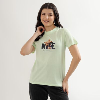 Women's Light Green Round Neck Graphic Print T-Shirt