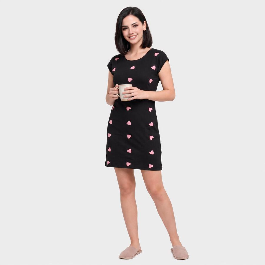 Women's Black Round Neck T-Shirt Style Nighty, Black, large