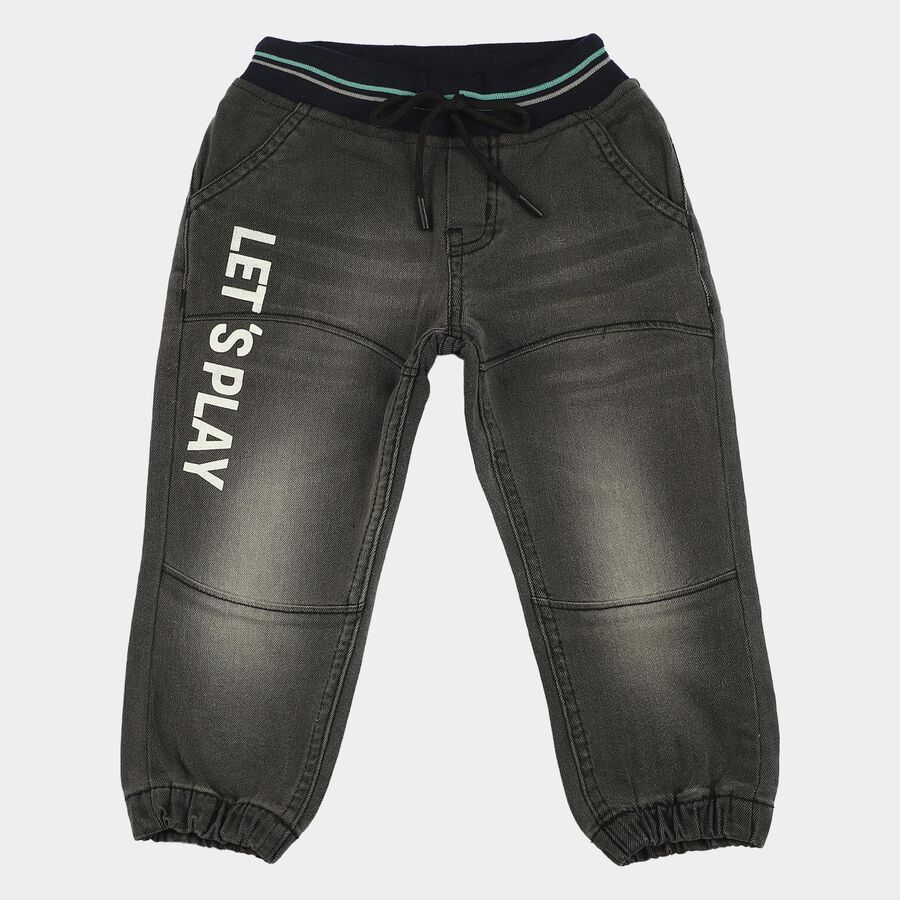 Boys' Black Jogger Fit Printed Jeans, काला, large