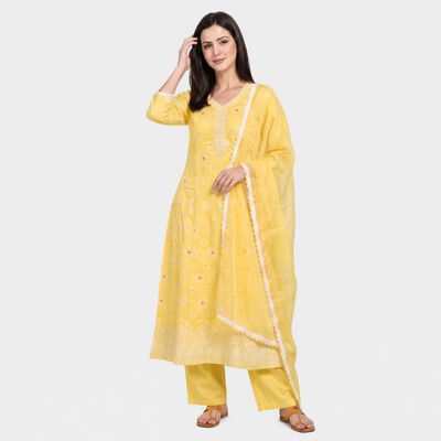 Women's Yellow Embroidered Ethnic Set