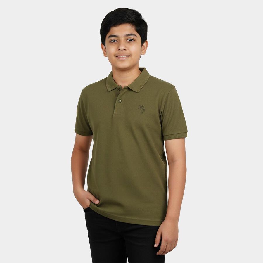 Boys Olive Green Round Neck Casual T-Shirt, ओलिव, large