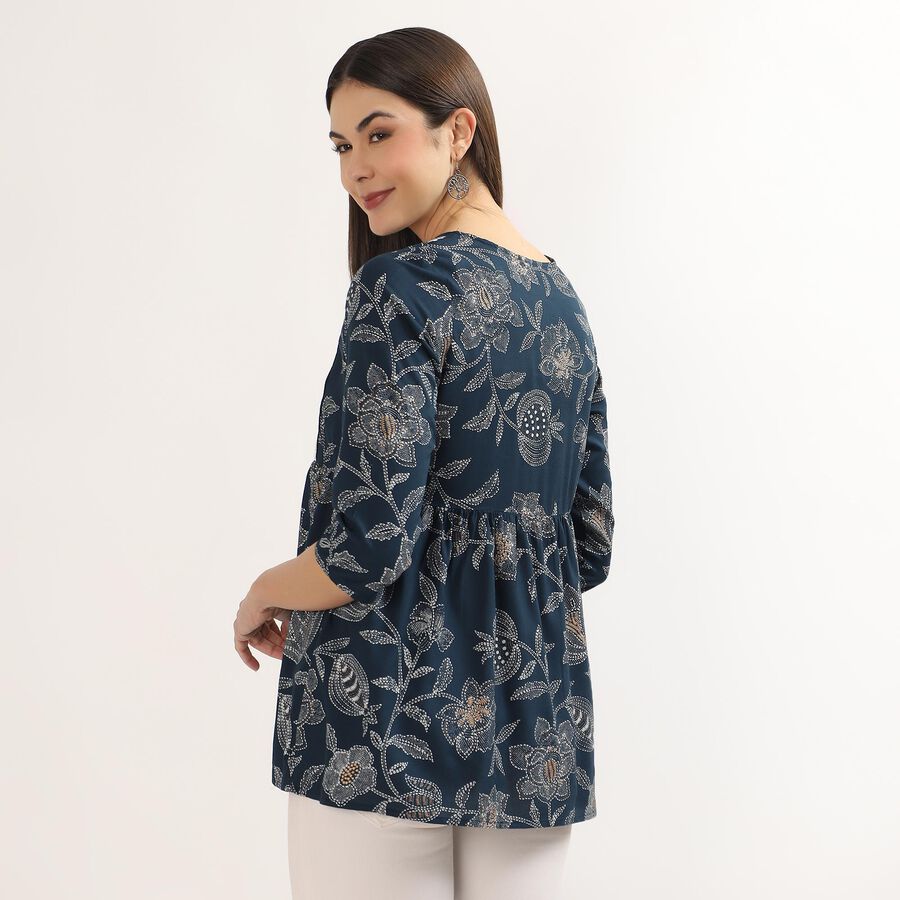 Women's Teal Round Neck Printed Kurti, Teal Blue, large