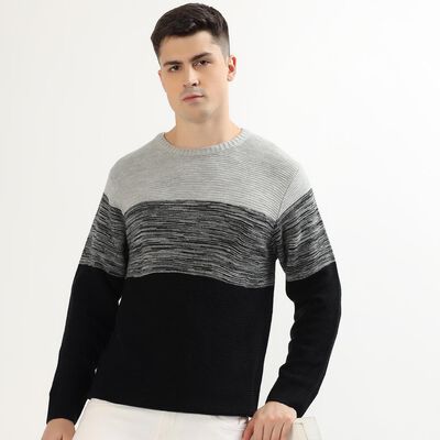 Men's Light Grey and Black Crew Neck Casual Pullover