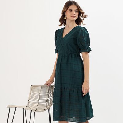 Women's Deep Forest Green Cotton V-Neck Empire Dress