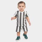 Infants' Charcoal Cotton Round Neck Striped Baba Suit, Charcoal, small