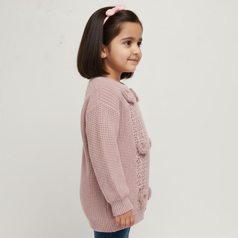 Girls' Light Pink Crew Neck Textured Pullover, हल्का गुलाबी, large image number null