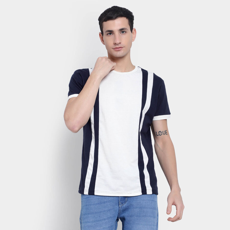 Cut & Sew Round Neck T-Shirt, Dark Blue, large image number null