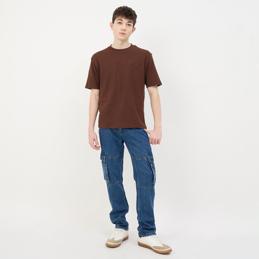 Men's Dark Brown Round Neck Casual T-Shirt, भूरा, large
