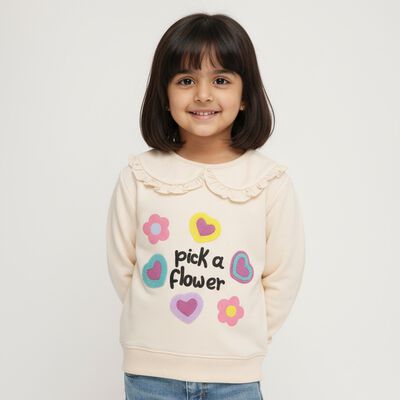 Girls Light Beige Crew Neck Casual Sweatshirt