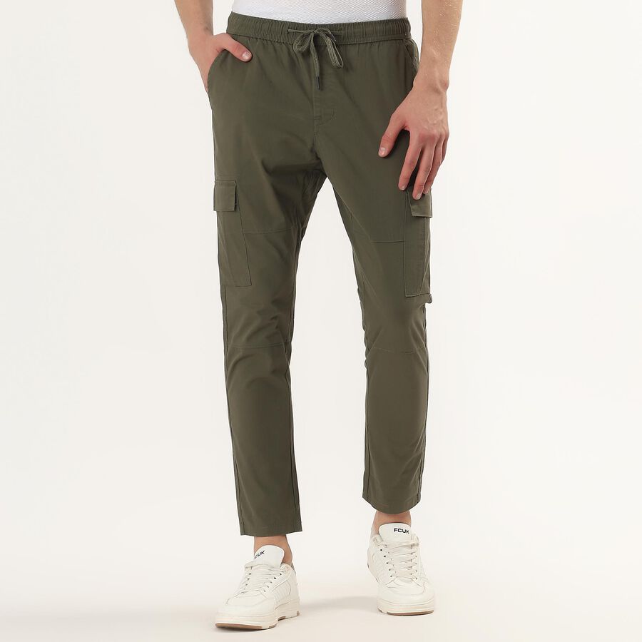Men's Beige Slim Fit Cotton Casual Trousers, Olive, large