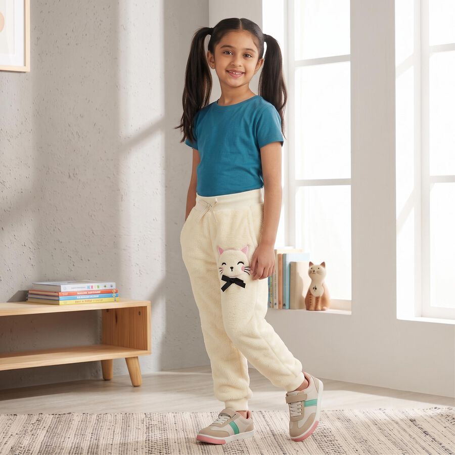 Girls' Cream Regular Fit Cat Applique Jogger Pyjama, ऑफ व्हाइट, large