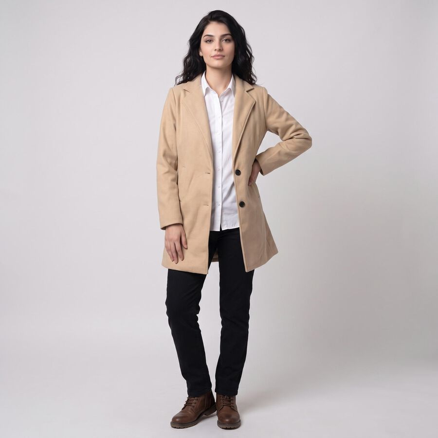 Women's Beige Lapel Collar Blazer Jacket, गहरा पीला, large