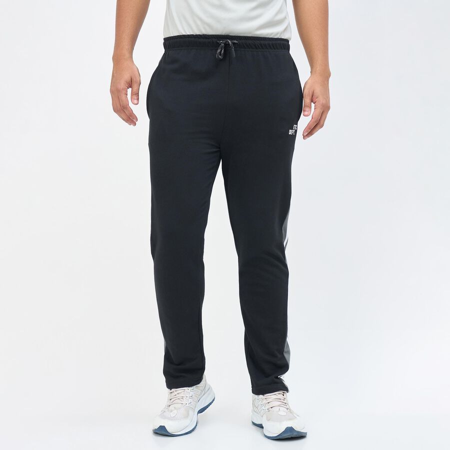 Men's Jet Black Regular Fit Side-Striped Track Pants, काला, large