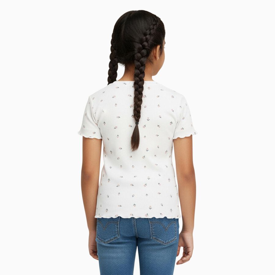 Girls' Off White Round Neck Floral Printed T-Shirt, ऑफ व्हाइट, large image number null