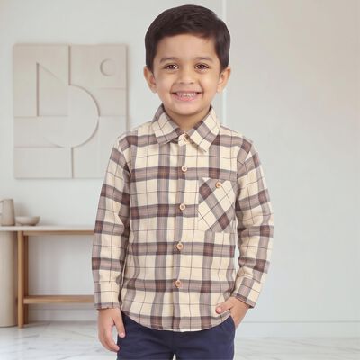 Boys Cream 100% Cotton Checked Shirt