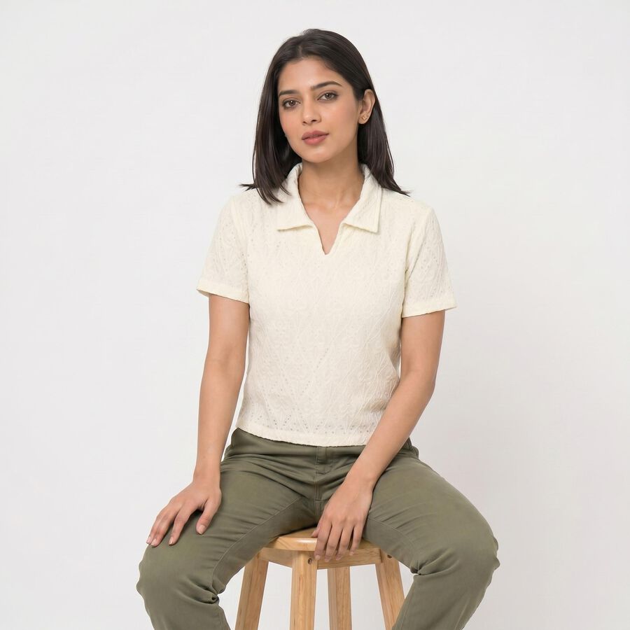 Women's Cream Polo Neck Polo T-Shirt, Off White, large