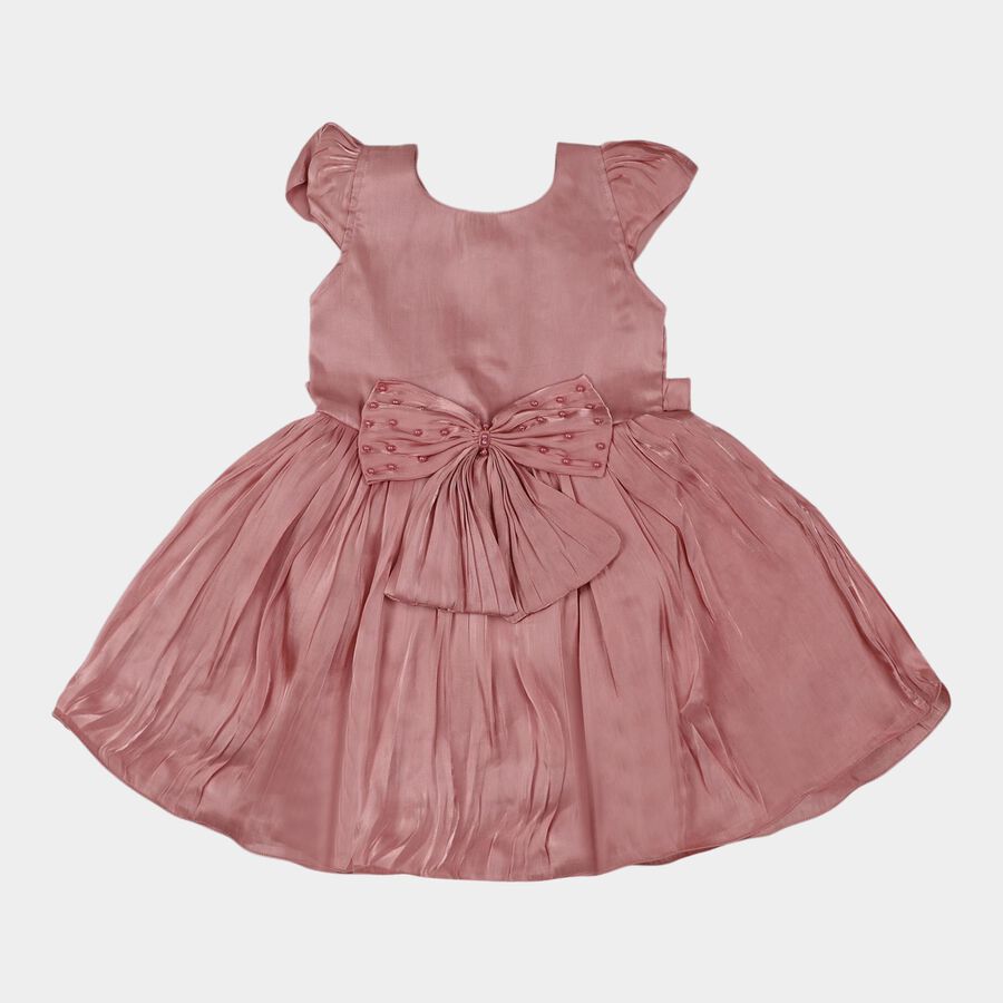 Girls' Pink Bow Embellished Pleated Party Wear Frock, हल्का गुलाबी, large