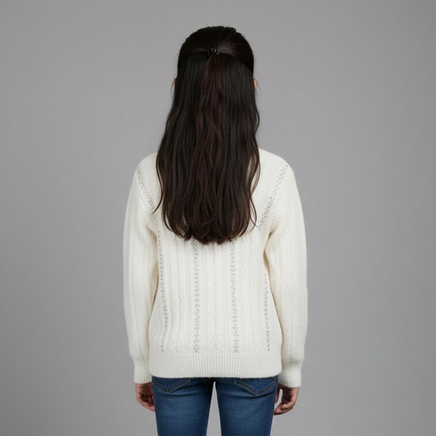Girls Off White Crew Neck Casual Pullover, Off White, large image number null