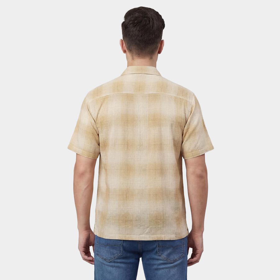 Men's Beige Cotton Spread Collar Classic Casual Shirt, गहरा पीला, large
