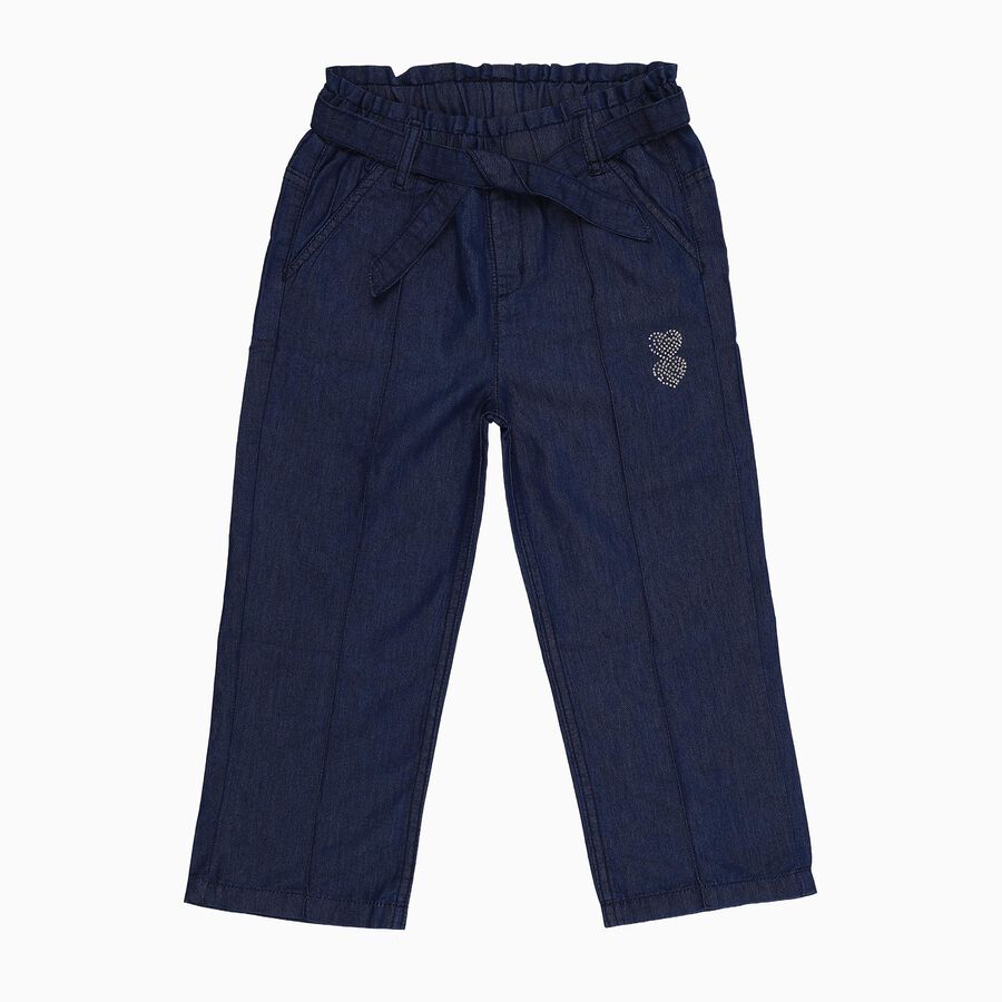 Girls' Navy Blue High Waist Paperbag Cropped Jeans, गहरा नीला, large image number null