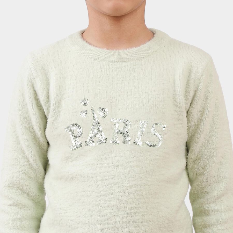 Girls Mint Green Crew Neck Sequin Detail Pullover, हल्का हरा, large