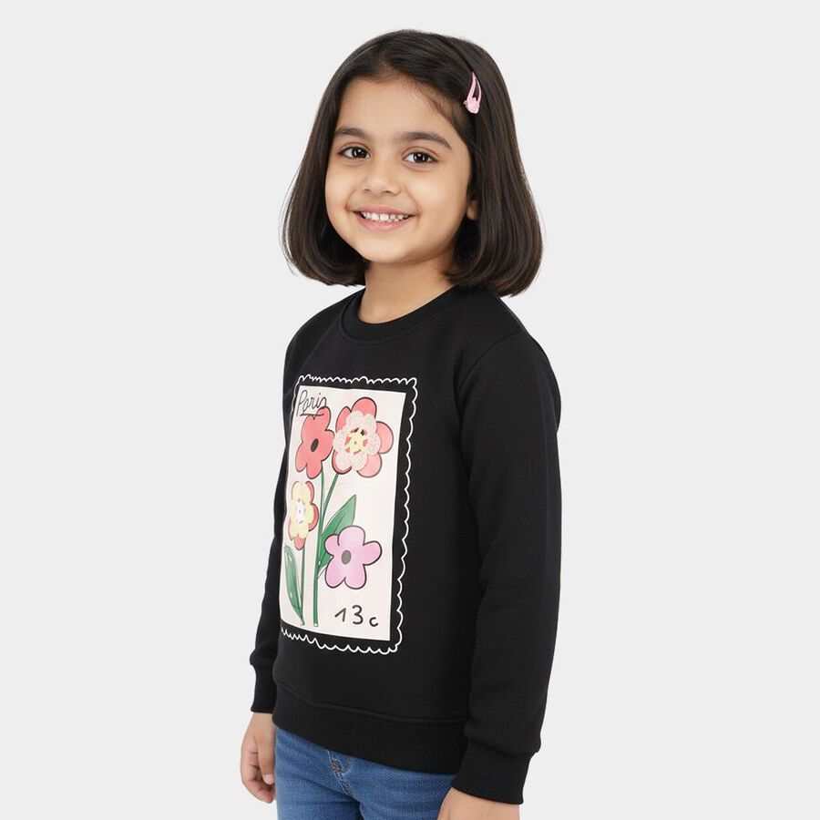 Girls Jet Black Crew Neck Casual Sweatshirt, Black, large image number null