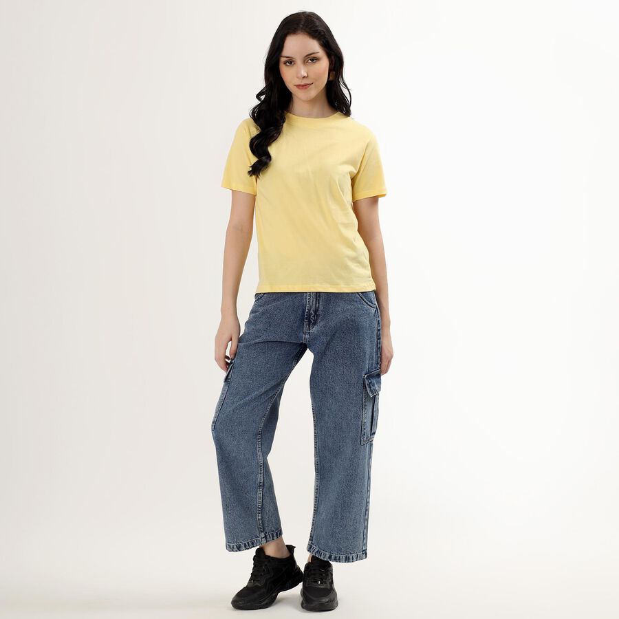 Women's Light Yellow Cotton Round Neck Casual T-Shirt, Yellow, large