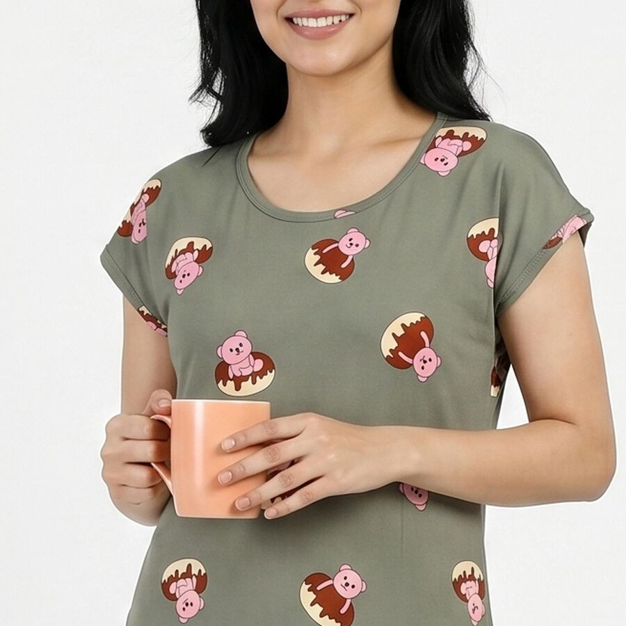 Women's Olive Green Round Neck A-Line Nighty, Olive, large