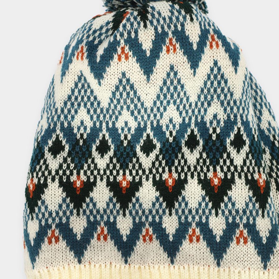 Boys' Cream Geometric Knit Pom-Pom Beanie Cap, Off White, large