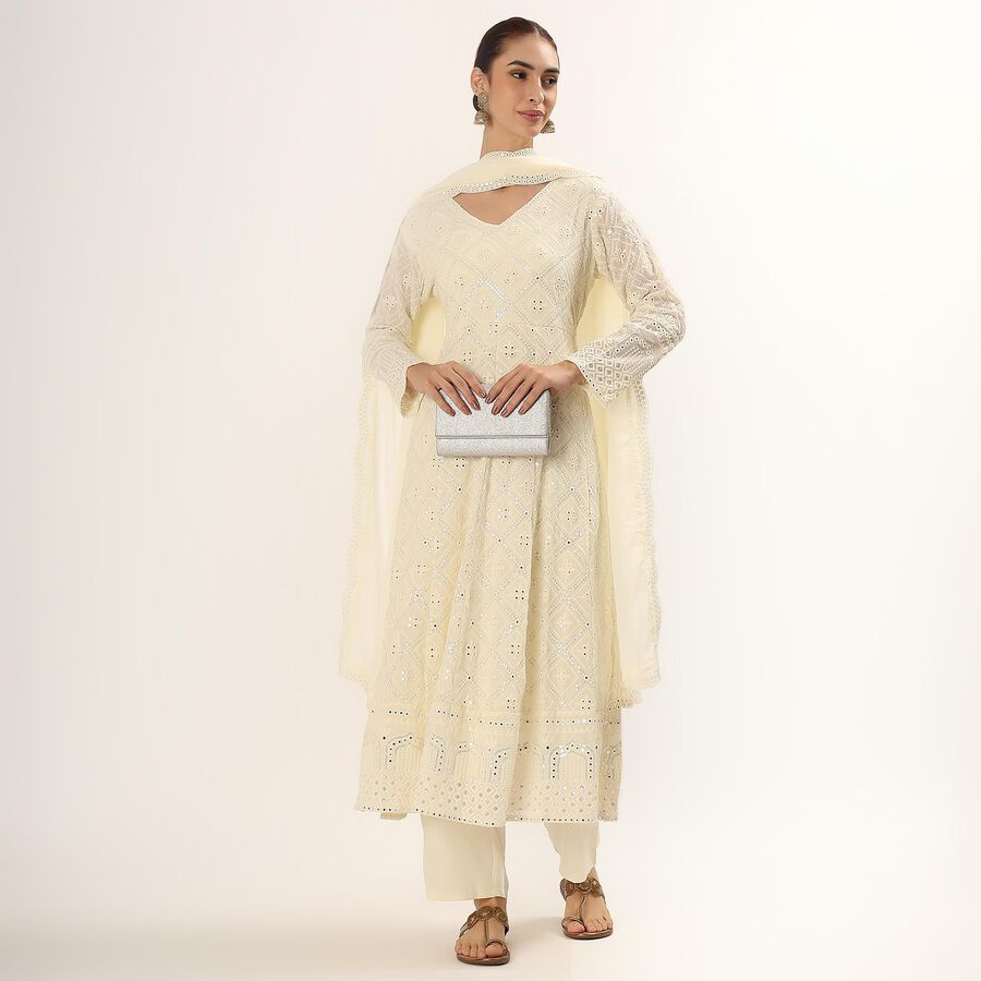 Women's Cream V-Neck Embroidered Kurta, ऑफ व्हाइट, large image number null