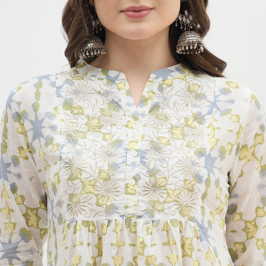 Women's White Mandarin Collar Floral Printed Kurti, Yellow, large