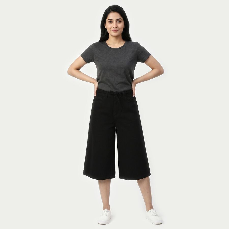 Women's Black Wide Leg Solid Cotton Capri, Black, large