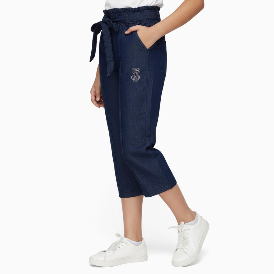 Girls' Navy Blue High Waist Paperbag Cropped Jeans, गहरा नीला, large image number null